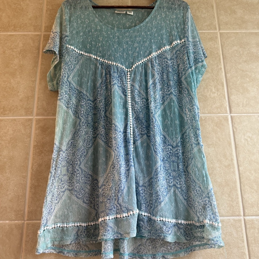 Cato Blue Teal Mesh Top 26/28W Ethereal Boho Whimsical Flowy Airy Semi Sheer - Picture 14 of 14
